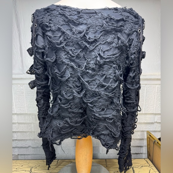 VTG Lip Service Bio Threat Distressed Long Sleeve Top Shirt Goth 90s Y2K buckles - Picture 4 of 16